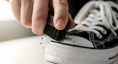 A close-up of a hand using a small, stiff brush to clean dirt or mud off the white rubber toe cap of a black canvas sneaker. The image focuses on the act of cleaning and maintaining footwear.の素材
