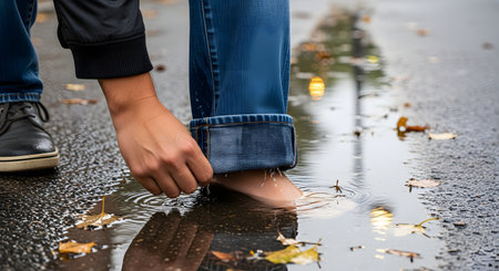 A person rolls up their blue jeans to stand barefoot in a shallow puddle on an asphalt street. Fallen autumn leaves are scattered in the water. The image captures a playful or curious moment in the rain.の素材