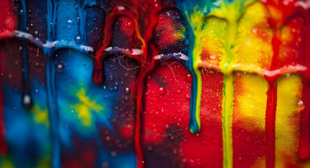 An extreme close-up, macro view of thick, vibrant paint in primary colors (red, blue, yellow) dripping down a textured canvas. The image captures the wet, glossy texture of the paint and the woven fabric, representing the process of abstract art and creativity.の素材