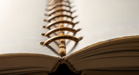 A macro, close-up shot of the spine of an open, hand-bound book. The focus is on the intricate, exposed coptic stitching that binds the textured paper pages together. This image represents craftsmanship, bookbinding, journaling, and tradition.の素材