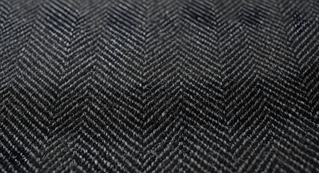 A macro close-up of a dark grey or black wool fabric reveals a classic herringbone weave pattern. The detailed shot highlights the V-shaped knitted texture, suitable for textile, fashion, or abstract backgrounds.の素材