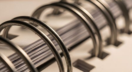 An extreme macro close-up of the metal spiral binding of a notebook. The focus is on the curved wire rings holding the pages together, with the edge of the paper stack blurred in the background. The image is a study of office supplies and texture.の素材