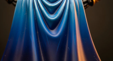 An extreme macro close-up of a painted miniature figure, focusing on a blue cape. The paint shows advanced blending and highlighting techniques, with light blue and white on the folds, demonstrating the hobby of miniature painting.の素材
