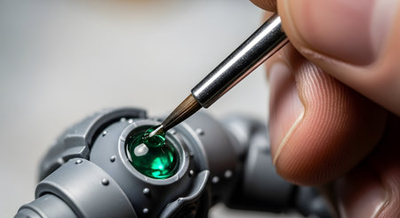 A macro close-up shows a person's hand holding a fine-tipped brush to apply a glossy, translucent green paint or liquid to a small, circular "gem" or "lens" on a grey plastic miniature model. This image captures the precision and detail of the hobby of miniature painting.の素材