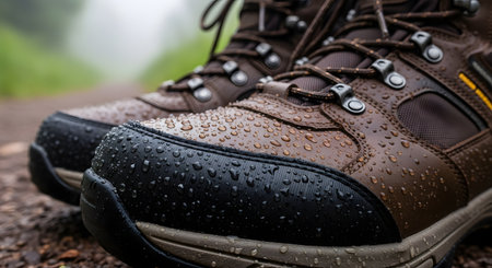 A close-up shot of a pair of brown leather hiking boots covered in water droplets, demonstrating their waterproof quality. The boots are on a wet trail, representing outdoor adventure, trekking in the rain, and durable gear.の素材