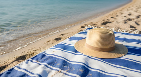 A straw hat rests on a blue and white striped beach towel spread out on the sand next to the calm sea. This serene scene represents a relaxing summer vacation, travel, and leisure by the ocean.の素材