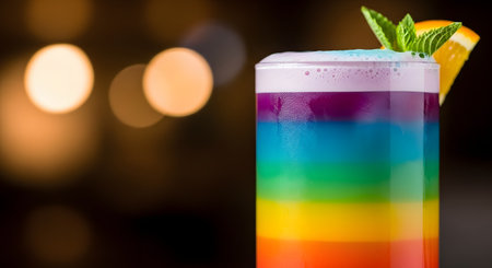 A vibrant, layered rainbow cocktail in a glass, topped with foam, a mint sprig, and an orange slice. The drink sits on a bar with a dark, blurred background with bokeh lights.の素材