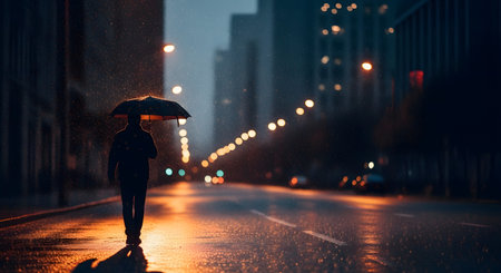 A moody silhouette of a person holding an umbrella, walking alone on a wet city street at night. Rain is falling, and the dark pavement reflects the warm, blurred bokeh of streetlights and building lights.の素材