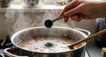 A person's hand holds a measuring spoon, adding a small amount of green powder, like spirulina or matcha, to a large stainless steel pot of steaming hot soup or broth. A wooden spoon rests in the pot, which is on a stove. This image represents healthy cooking, nutrition, and adding supplements to food.の素材