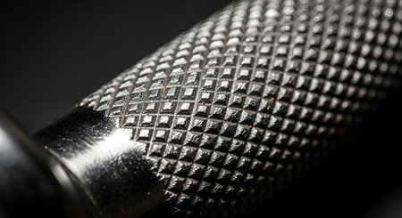 An extreme macro shot revealing the detailed texture of a knurled metal grip, likely from a dumbbell or barbell. The repeating diamond pattern provides a non-slip surface, and the strong, close-up lighting highlights the metallic sheen and texture, symbolizing strength, industry, or precision.の素材