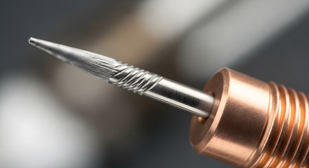 A detailed macro photograph of a precision metal tool tip, featuring a sharp point and intricate spiral grooves or threads. The steel bit is set into a copper-colored, threaded base, with a blurred background suggesting a workshop or technical environment. The image highlights concepts of precision, engineering, and craftsmanship.の素材
