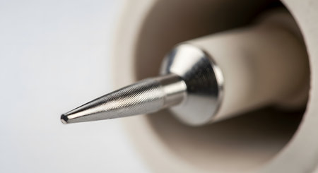 A macro, extreme close-up shot of a sharp, pointed metal tool tip, possibly an awl or a prying tool for crafts. The textured, knurled steel point is seen emerging from a light-colored, cylindrical holder against a clean white background, emphasizing precision.の素材