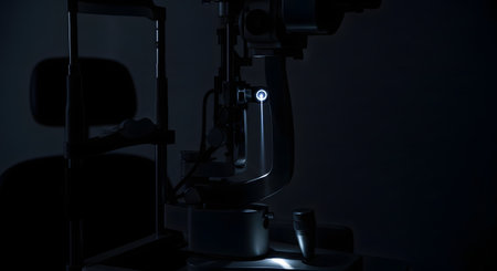 A slit lamp biomicroscope used for eye examinations, illuminated in a dark room. The medical device is pointed forward, with a beam of light focused for detailed inspection of the eye's anatomy. This image represents ophthalmology, vision care, and medical diagnostics.の素材