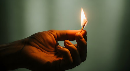 A close-up shot of a hand holding a single, lit matchstick, with the bright orange flame illuminating the fingers. The scene is set against a dark, moody background, creating a dramatic contrast and symbolizing hope, ideas, or danger.の素材