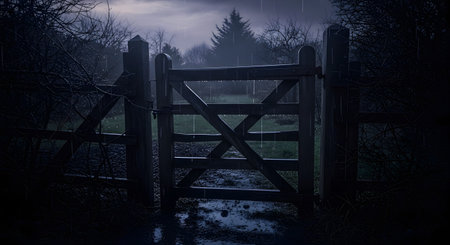 A dark and moody shot of an old wooden gate standing open in the rain at night. The gate leads to a muddy, puddle-filled path disappearing into a dark, spooky forest under a gloomy, overcast sky.の素材