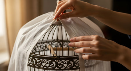 A person's hands gently place a white cloth over a vintage-style metal birdcage to create a quiet and dark environment for the bird. This act suggests care, protection, and preparing the pet for rest or sleep.の素材