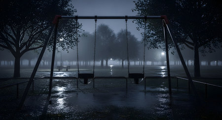 A moody and atmospheric night scene of an empty playground in the pouring rain. Two swings hang motionlessly over a large puddle, with wet trees and distant streetlights creating a sense of loneliness and melancholy in the dark park.の素材