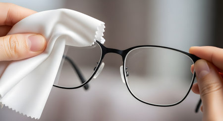 A close-up shot of a person's hands holding black-rimmed eyeglasses. One hand uses a white microfiber cloth to wipe a smudged lens clean. This image illustrates concepts of vision, clarity, care, and maintenance of eyewear.の素材