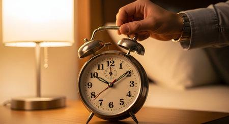 A person's hand reaches out to turn off a traditional twin-bell alarm clock on a bedside table. The room is softly lit by a lamp, suggesting an early morning wake-up call. This image represents time, schedules, mornings, and the daily routine.の素材