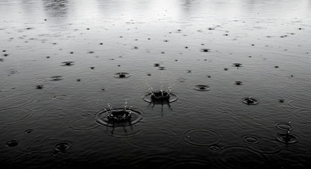 A black and white photograph captures raindrops falling into a body of water, creating splashes and concentric ripples on the dark, calm surface. The minimalist, moody image evokes feelings of tranquility, melancholy, or the simple beauty of rain.の素材