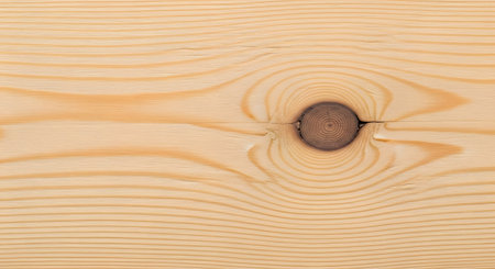 A detailed close-up shot of a light-colored wood grain texture, featuring a dark, circular knot at the center. The natural lines and rings of the pine wood create a beautiful organic pattern, ideal for backgrounds and design surfaces.の素材