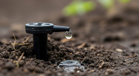 A macro close-up of a black drip irrigation emitter in a garden, with a single drop of water falling onto the dark, moist soil below. This image illustrates a water-efficient method of watering plants.の素材