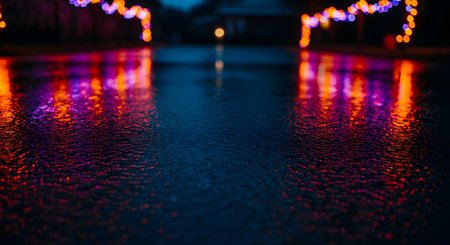 A close-up, low-angle shot of wet asphalt pavement at night. Colorful bokeh lights, likely from holiday or street lights in orange and purple, reflect beautifully on the textured, rain-covered surface, creating an atmospheric and moody scene.の素材