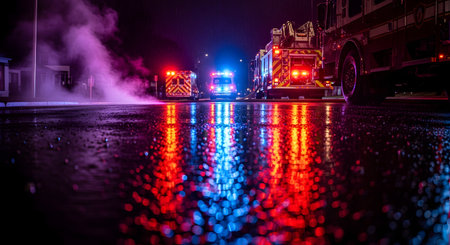 An emergency scene unfolds at night on a wet street, with an ambulance and fire truck parked with their red and blue lights flashing brightly. The vibrant lights reflect on the slick asphalt, creating a sense of urgency and highlighting the work of first responders.の素材