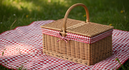 A classic wicker picnic basket with a lid sits on a red and white checkered blanket spread out on lush green grass. The sunny outdoor setting evokes feelings of leisure, summer, romance, and enjoying a meal in nature.の素材