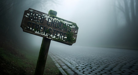 An old, weathered wooden sign covered in moss stands crookedly by a cobblestone road in a dense, foggy forest. The text is faded and illegible, creating an eerie, mysterious, and atmospheric scene.の素材