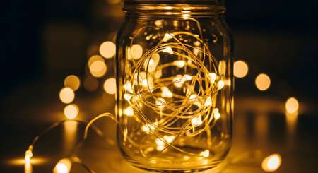 A string of warm, glowing fairy lights is coiled inside a clear glass mason jar, creating a cozy and magical ambiance. The background is dark, beautifully blurred with bokeh effects from other lights, enhancing the enchanting and festive mood.の素材