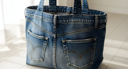 A creative, handmade tote bag crafted from a pair of recycled blue denim jeans. The bag features the original back pockets, belt loops, and stitching, sitting on a light-colored floor. This image represents upcycling, DIY, and sustainable fashion.の素材