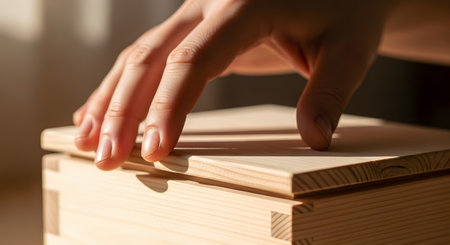 A close-up of a hand gently lifting the lid of a beautifully crafted light wood box, featuring intricate dovetail joints. Warm, natural sunlight illuminates the scene, creating a sense of curiosity, discovery, or opening a special gift.の素材