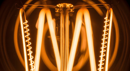 An extreme close-up macro shot of the glowing hot filament inside a vintage Edison-style incandescent light bulb. The warm, orange light and intricate coils represent ideas, energy, electricity, and retro technology.の素材