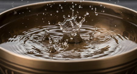 A close-up, high-speed photograph of a water droplet creating a crown-shaped splash in a bronze Tibetan singing bowl. The image captures a moment of impact, symbolizing mindfulness, serenity, and sound therapy for meditation and relaxation.の素材