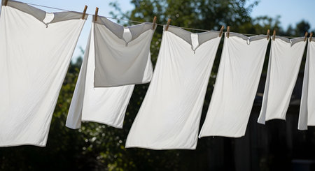 Freshly washed white t-shirts hang from a clothesline with wooden clothespins, drying in the bright sunshine against a background of green trees. The scene evokes a sense of freshness, cleanliness, and simple, sustainable living.の素材
