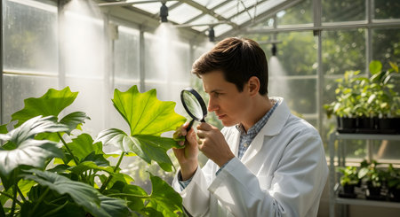 A young male scientist or botanist in a white lab coat carefully examines a large green leaf with a magnifying glass. He is inside a bright, modern greenhouse, conducting research or inspecting the plant for pests or disease.の素材