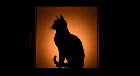 A clean silhouette of a cat sitting gracefully in profile, framed within a square against a warm, glowing orange background. The image is minimalist and atmospheric, conveying a sense of calm, mystery, and domestic peace.の素材