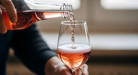 A person pours sparkling rose wine from a clear bottle into an elegant wine glass. The pink, bubbly beverage creates foam as it fills the glass, with the scene set in a softly lit indoor environment. This image conveys celebration, refreshment, and tasting.の素材