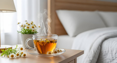 A clear glass cup of steaming hot chamomile tea sits on a wooden bedside table, ready for a relaxing moment. Fresh chamomile flowers are visible inside the tea and next to the cup, with a soft, cozy bed in the blurred background, suggesting comfort and wellness.の素材