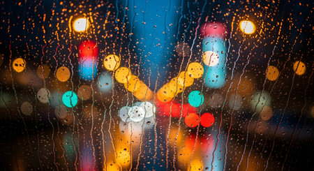 Raindrops streak down a window at night, with the vibrant, colorful lights of a city blurred into a beautiful bokeh effect in the background. The image evokes a moody, romantic, or contemplative atmosphere of an urban evening.の素材