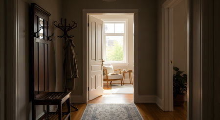 A view down a dimly lit hallway with wooden floors and a runner rug, looking through an open door into a bright, sunlit room. The room contains a cozy armchair, a side table, and a window, creating a warm, inviting, and peaceful atmosphere.の素材