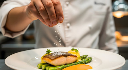 A professional chef in a white uniform adds a final touch to a gourmet dish by sprinkling sea salt over a perfectly cooked fillet of salmon. The beautifully plated meal includes asparagus and sits on a white plate in a restaurant kitchen.の素材