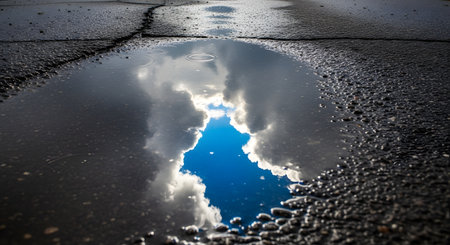 A reflection of a bright blue sky and white, fluffy clouds in a puddle of water on cracked, wet asphalt. The contrast between the dark pavement and the bright sky creates a hopeful or optimistic concept.の素材