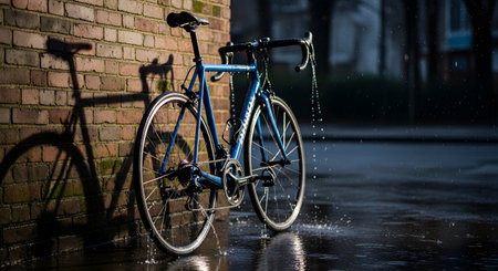 A blue road bike is parked in the rain, leaning against a wet brick wall on a city street. Water splashes on the wet pavement, and the bike's shadow is cast on the wall, creating a moody, urban, and athletic scene.の素材