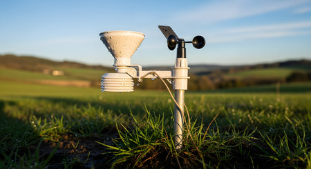 A small, personal weather station is set up in a grassy field with rolling hills in the background. The equipment includes an anemometer (wind speed) and a rain gauge, covered in morning dew, under a clear blue sky.の素材