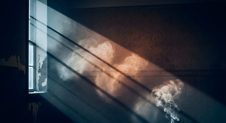 Rays of sunlight stream through a window into a dark, derelict room, illuminating swirling dust particles and smoke in the air. The scene creates a dramatic and moody atmosphere, suggesting themes of time, memory, and abandonment.の素材