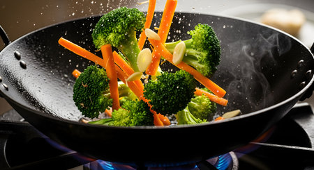 An action shot of fresh vegetables, including broccoli florets, carrot sticks, and garlic slices, being tossed in a black wok. Steam rises from the hot pan, which is sitting on a gas stove with a visible blue flame, capturing the dynamic process of stir-frying.の素材