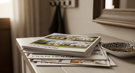 A stack of 'Open House' flyers or brochures rests on a wooden entryway table inside a home. Next to the flyers is a small, patterned dish containing a set of keys. The scene suggests a real estate event or showing.の素材