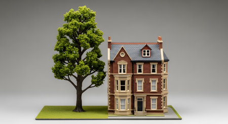 A detailed, realistic architectural model of a classic, multi-story brick house with bay windows and a slate roof. The model sits on a small base with green grass, next to a scale model of a large, leafy green tree, all against a plain grey background.の素材